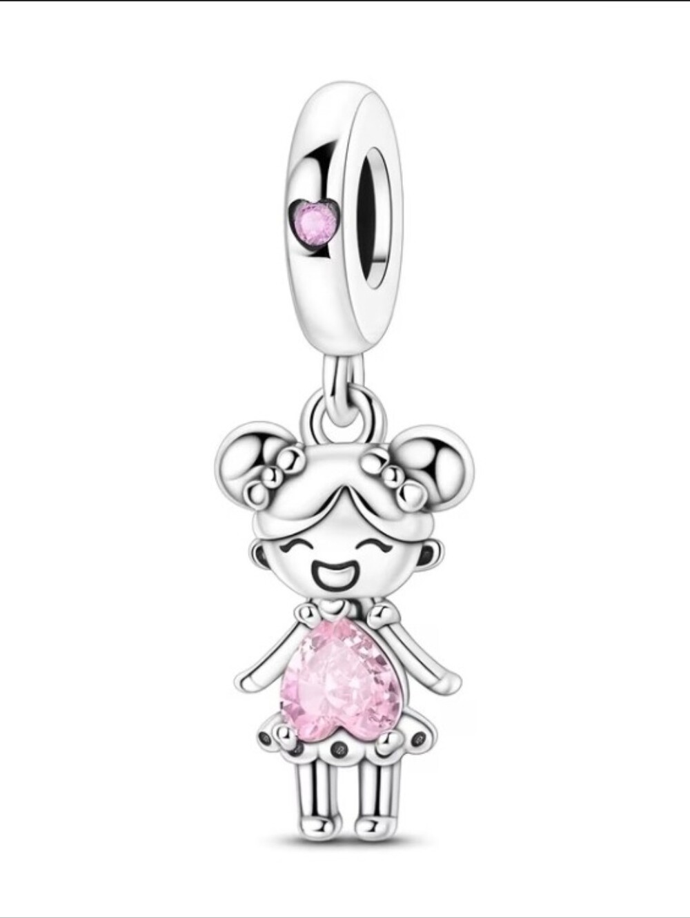 Pandora-style Charm Silver Girl With Pink Rhinestone Heart New Baby Mom Grandma